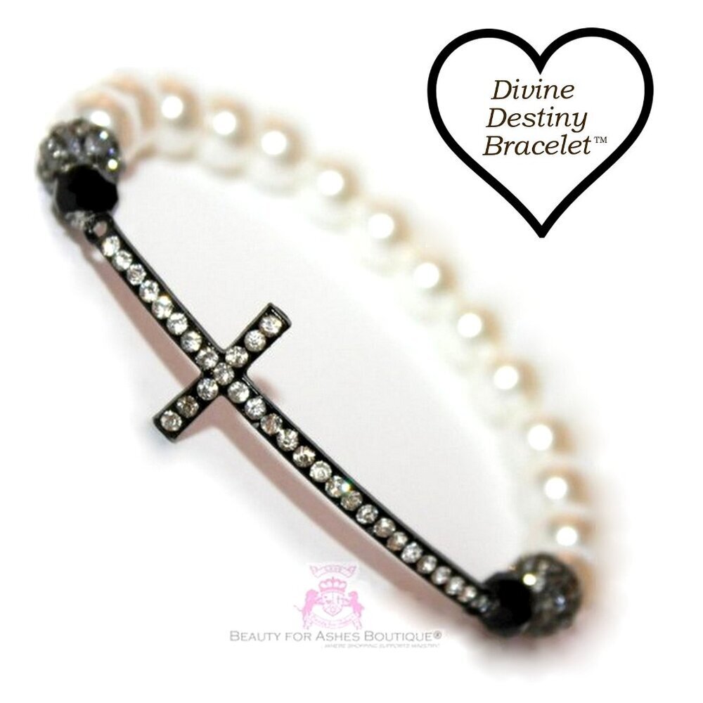 It's Your Divine Destiny Crystal Pearl Cross Stretch Bracelet w/Prayer Scroll